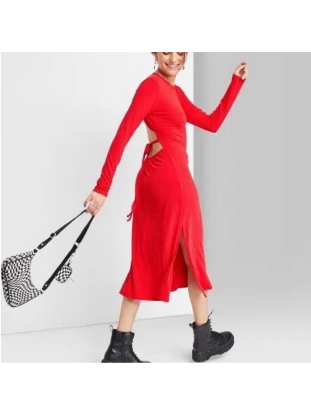 wild fable Red Long-Sleeve Open back Midi Dress with Front Slit size Large